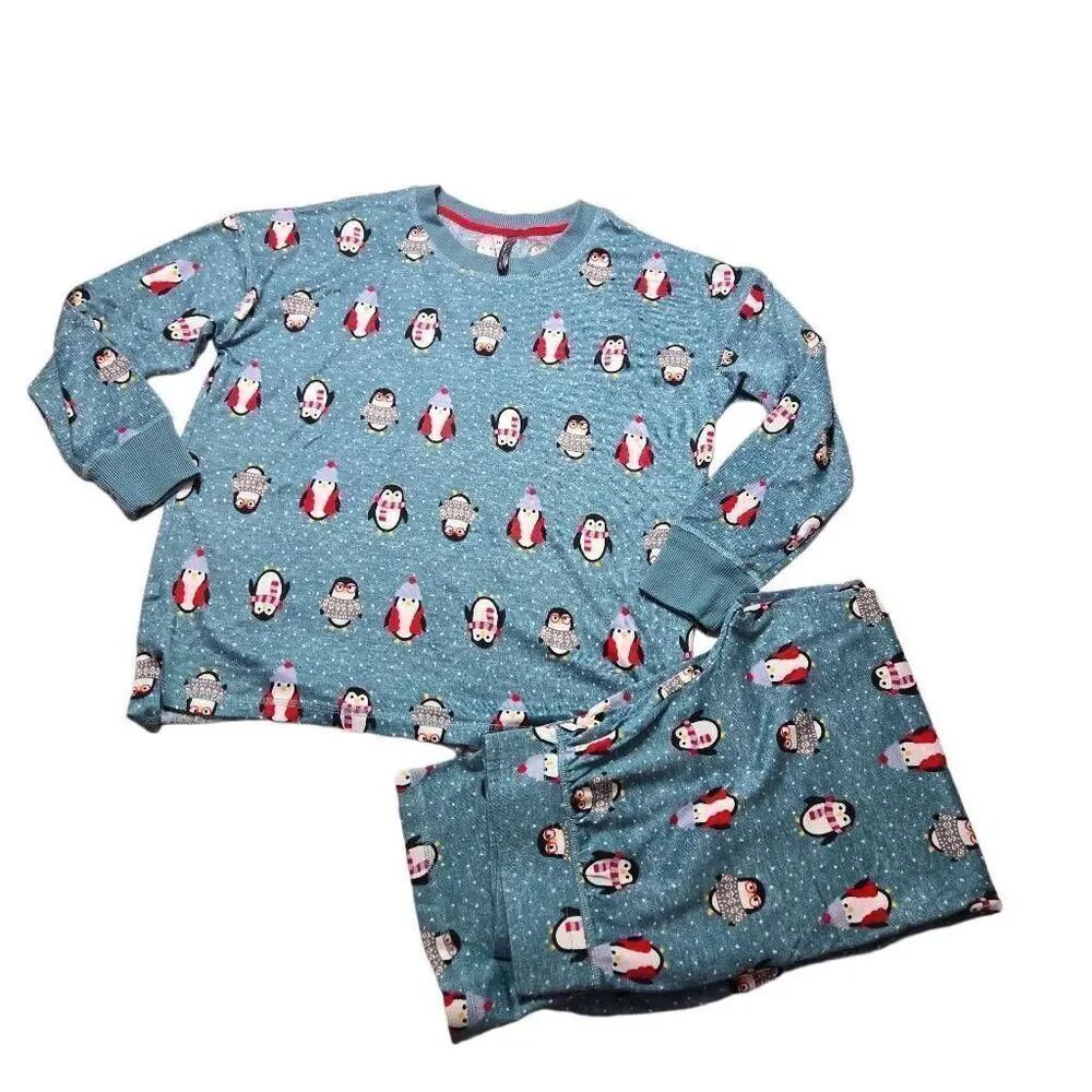 Jaclyn Blue Holiday Penguins Hacci 2-Piece Pajama Set M